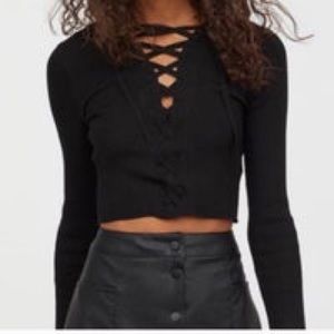 Lace Up front Ribbed Black Long Sleeve Shirt